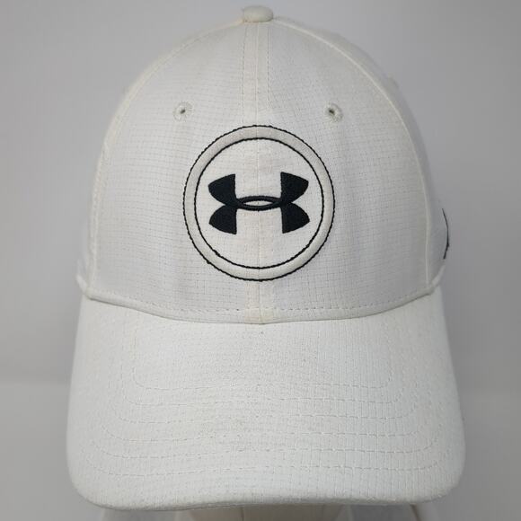 Under Armour Golf Fitted Baseball Cap White L Embroidered Vented Holes 6 Panel - Picture 2 of 9